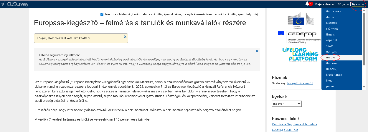 Nyelvválasztó a kérdőven